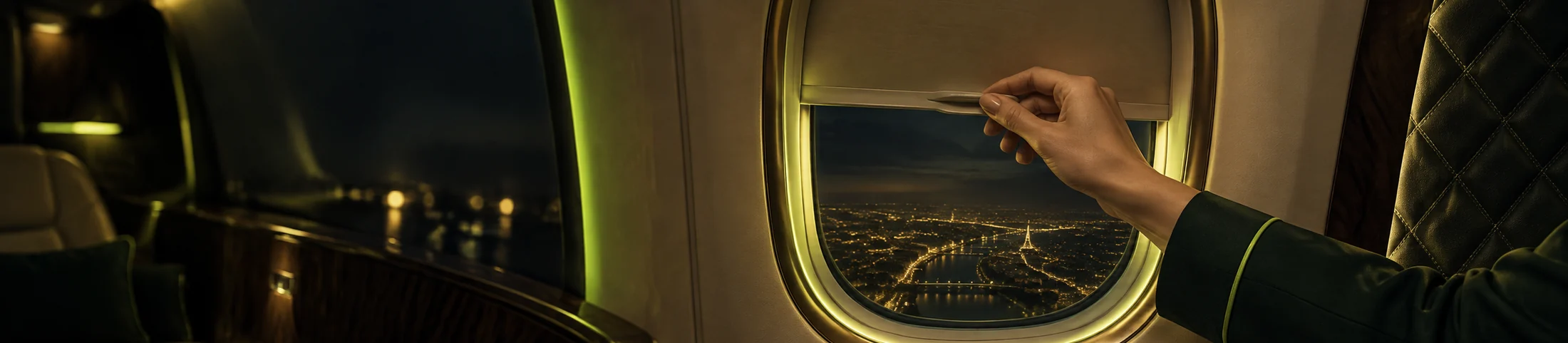Main baissant le volet d'un hublot au-dessus d'une ville illuminée
